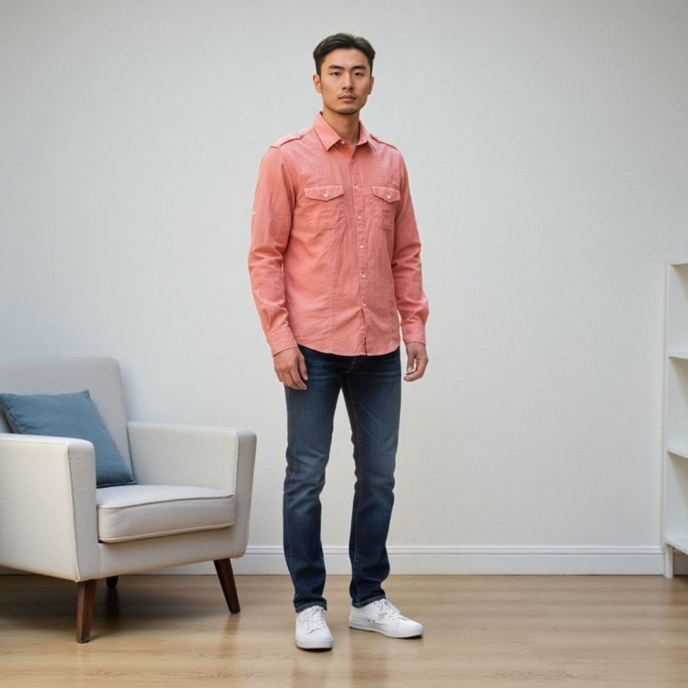 SALE EXPRESS MK2 S. S Salmon Pink Fitted Long Sleeve Button Down Dress Shirt.‎